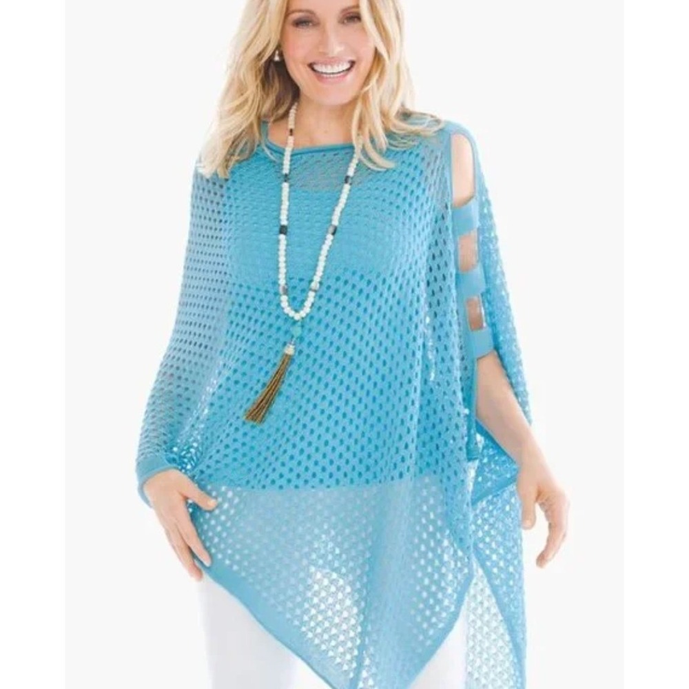 Chico's Women's Blue Cotton Blend Crochet‎ Poncho O/S Beach Cruise Vacation